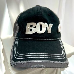 Trendy cap with metal BOY and retro pin. Distressed look.